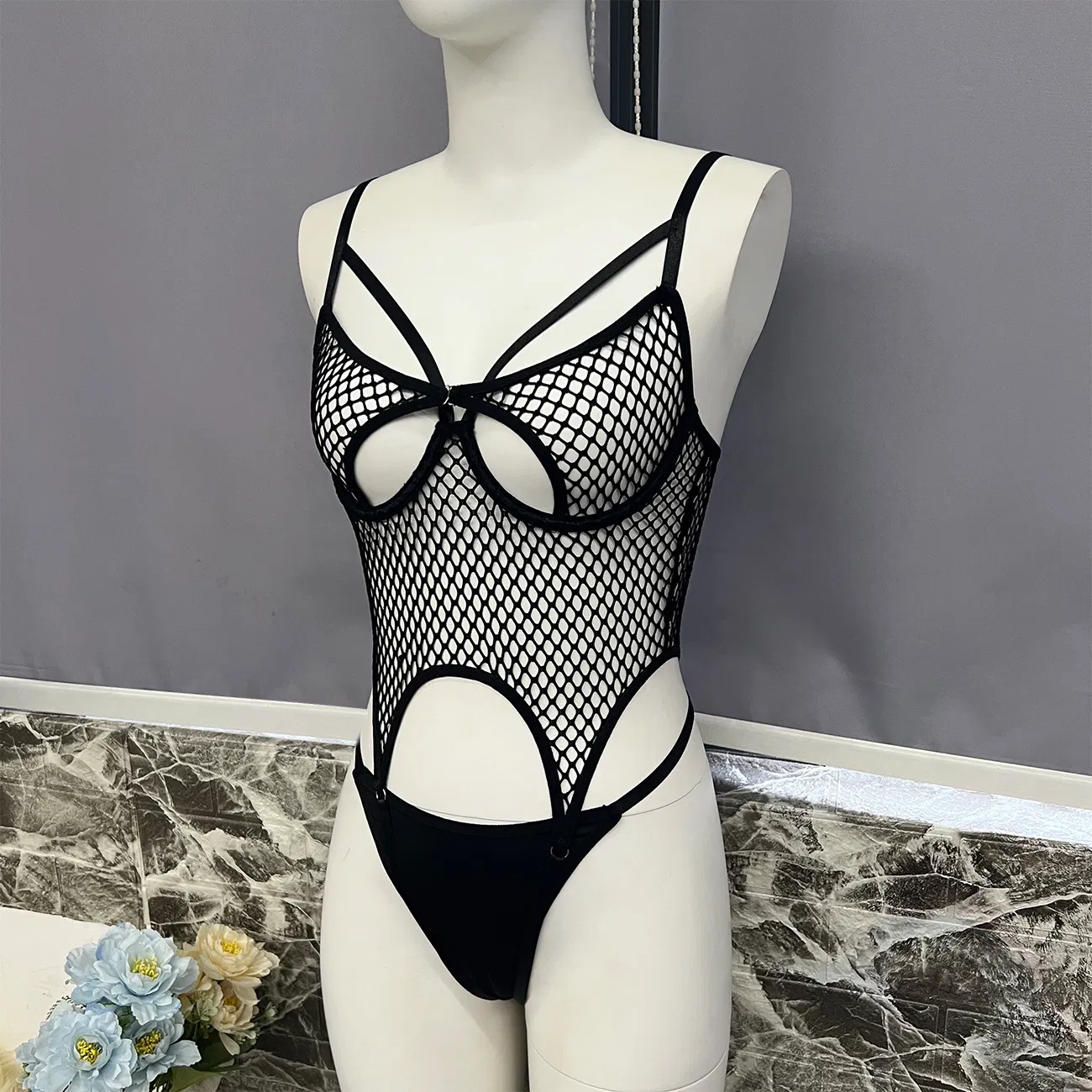 New Design See Through Fishing Net Lingerie Set Sexy One-Piece Hollow out Bodysuit