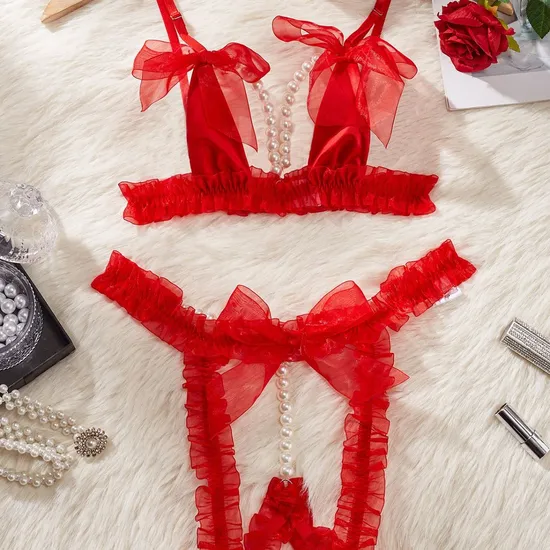 Wholesale Pearl Crotchless Hollow out Bra Panty Sets Sexy Ruffled Women Lingerie