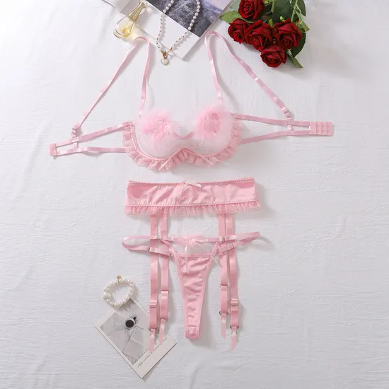 New Arrival See-Through Mesh Ruffle Bra Panty Set Wholesale Sexy Hollow out Lingerie