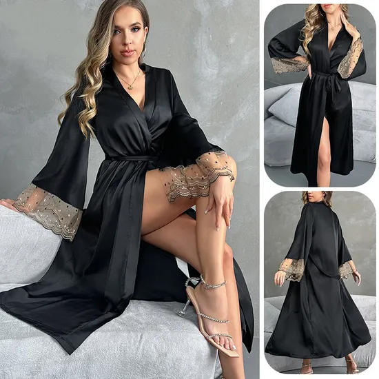 Sexy Satin Transparent Lace Woman Sleepwear Wholesale Long Sleeved Nightwear