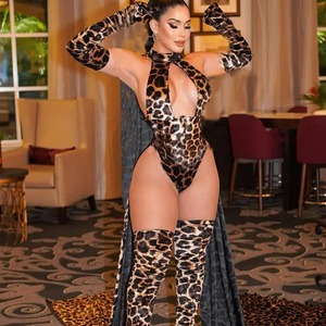 Wholesale Halter Deep-V Backless Underwear Set with Gloves Sexy Leopard Print Lingerie
