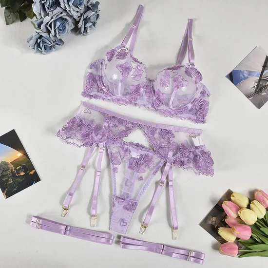 Wholesale Pink Heart Lace Embroidery Underwear Set for Woman Sexy See-Through Lingerie