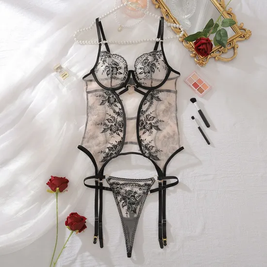 Wholesale See-Through One-Piece Bra Panty Set for Woman Sexy Floral Embroidery Lingerie