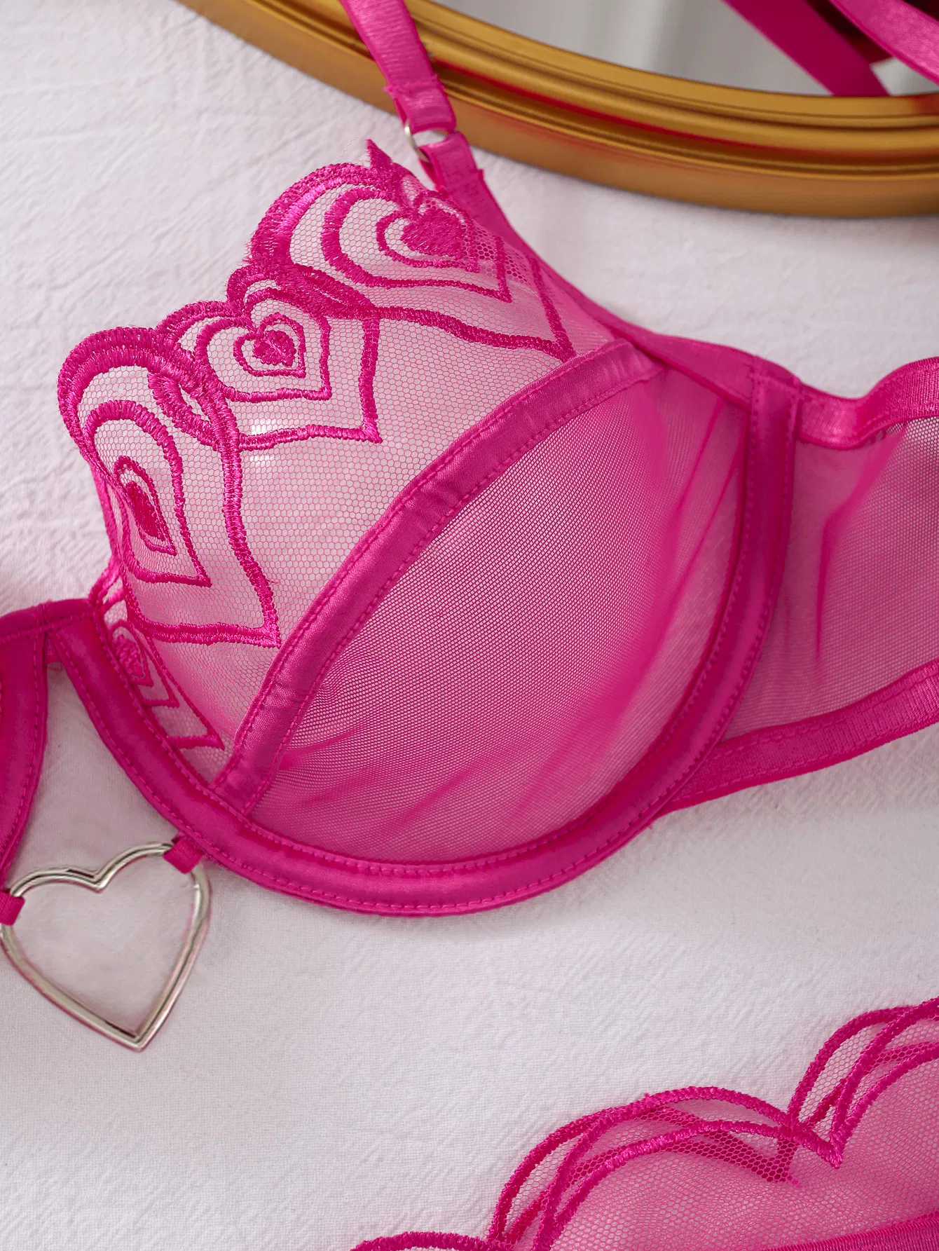 Wholesale Sheer Mesh Heart Embroidery Underwear Set Sexy Valentine's Women Lingerie
