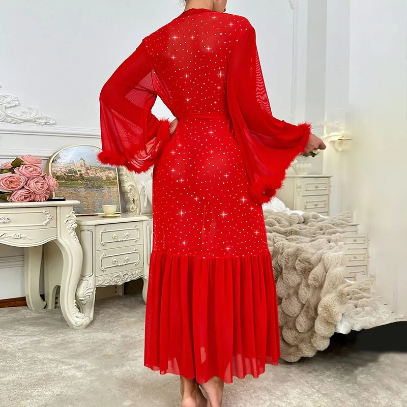 New Fashion V-Neck Long Sleeved Nightgown Sexy High Quality Solid Color Glitter Women's Robe