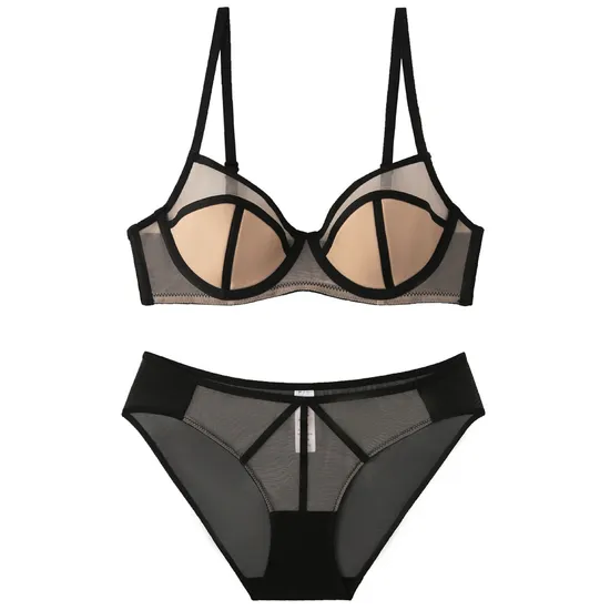 French Anti-Sagging Color-Blocking Mesh Sexy Breathable Gathering for Women Soft Bra Ultra-Thin Set Sexy Underwear Lingerie