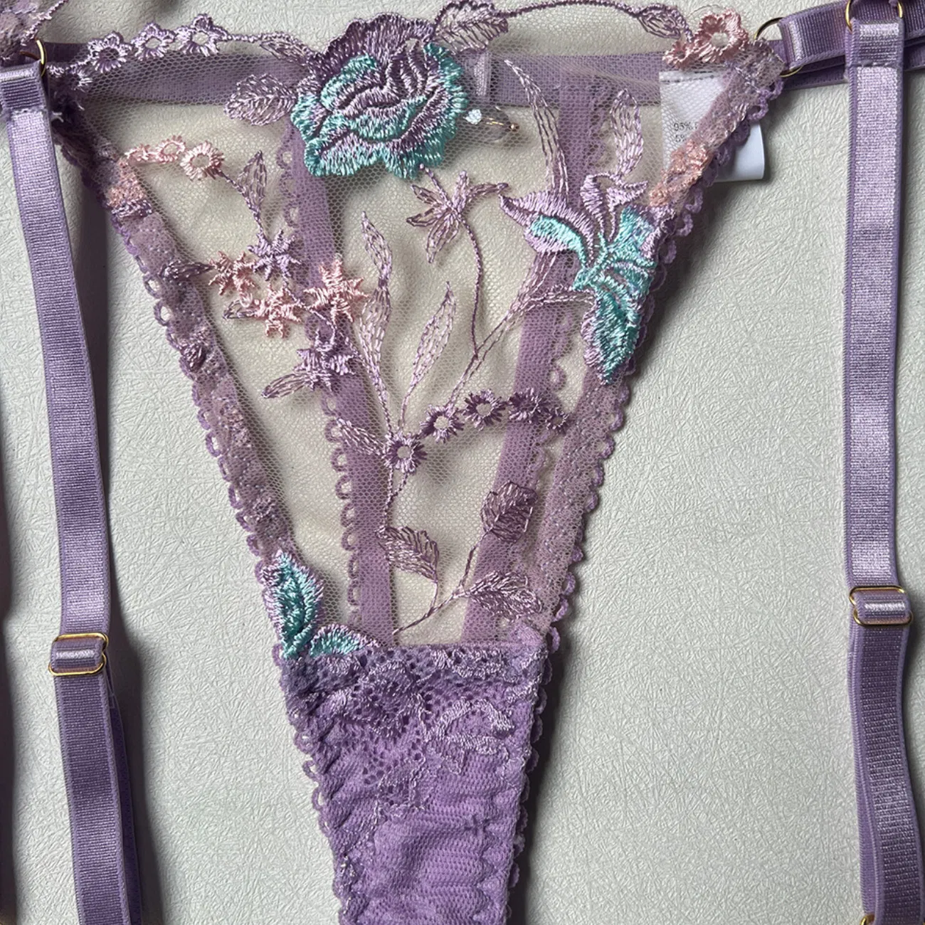 Sexy See-Through Embroidered Mesh Woman Bra Set Hot Erotic Hanging Sock Lingerie
