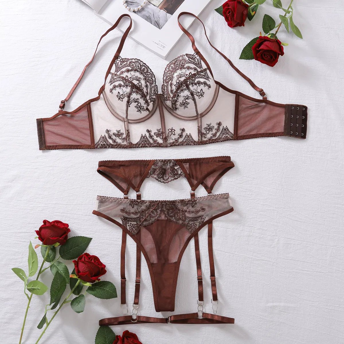 Sexy Fishbone Embroidered Lace Bra Panty Sets New Fashion See-Through Mesh Lingerie