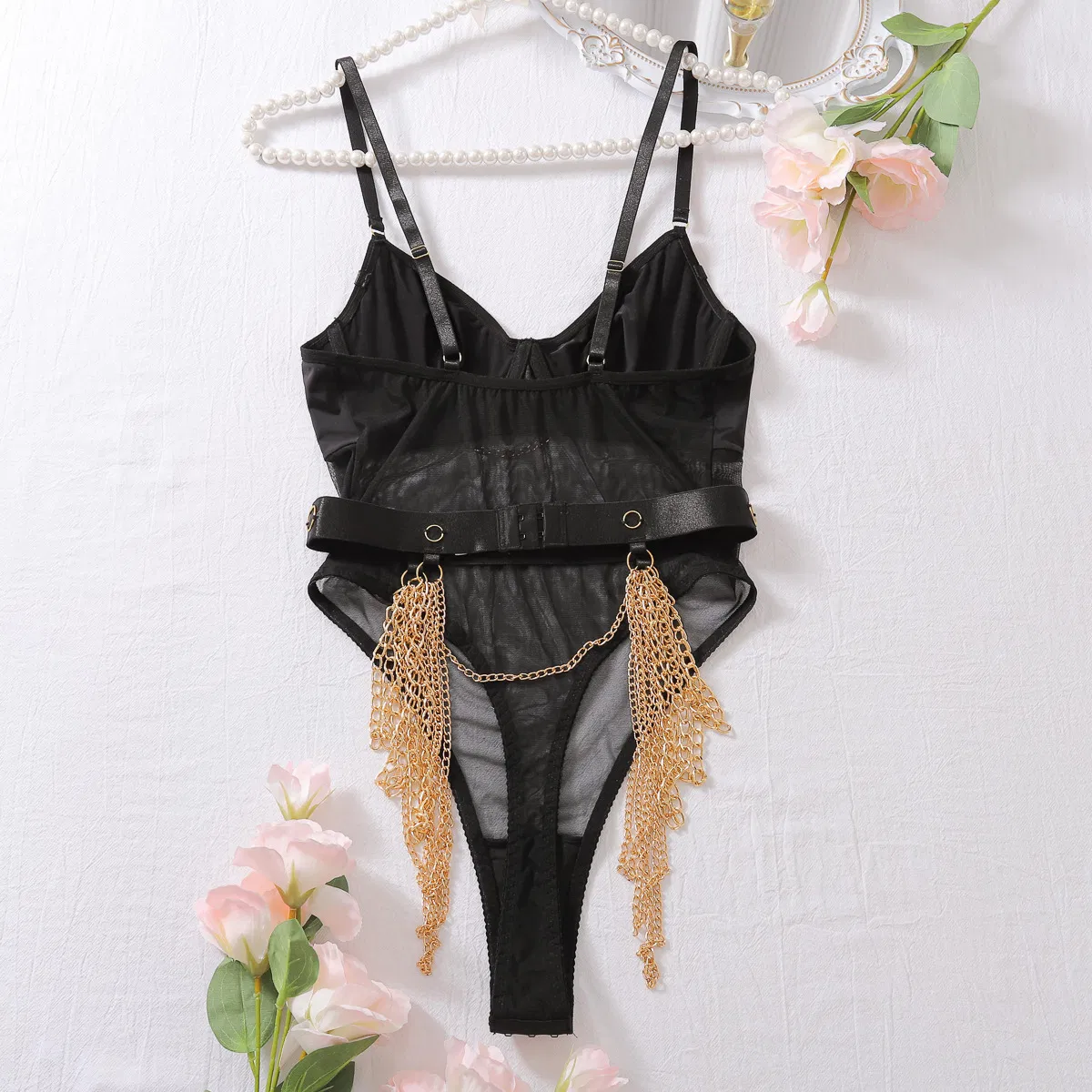 Sexy See-Through Mesh Splicing Women's Lingerie Set New Metal Chain Bodysuit