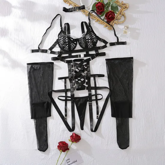 Wholesale Erotic Straps Underwear Set for Woman Sexy Deep V Transparent Lingerie