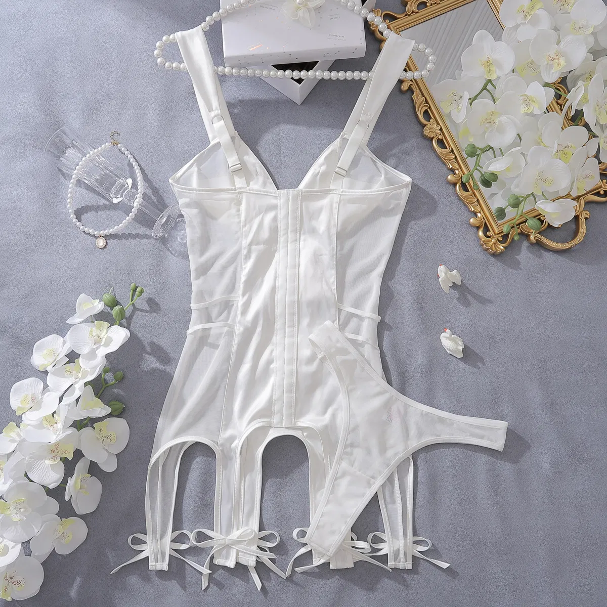 Wholesale Wide Strap Deep V Bow Decoration Bra Panty Sets Hot See-Through Lingerie