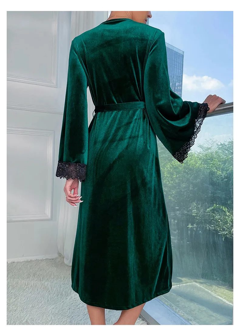New V-Neck Long Velvet Nightwear Dress Sexy Solid Color with Lace Woman Sleepwear