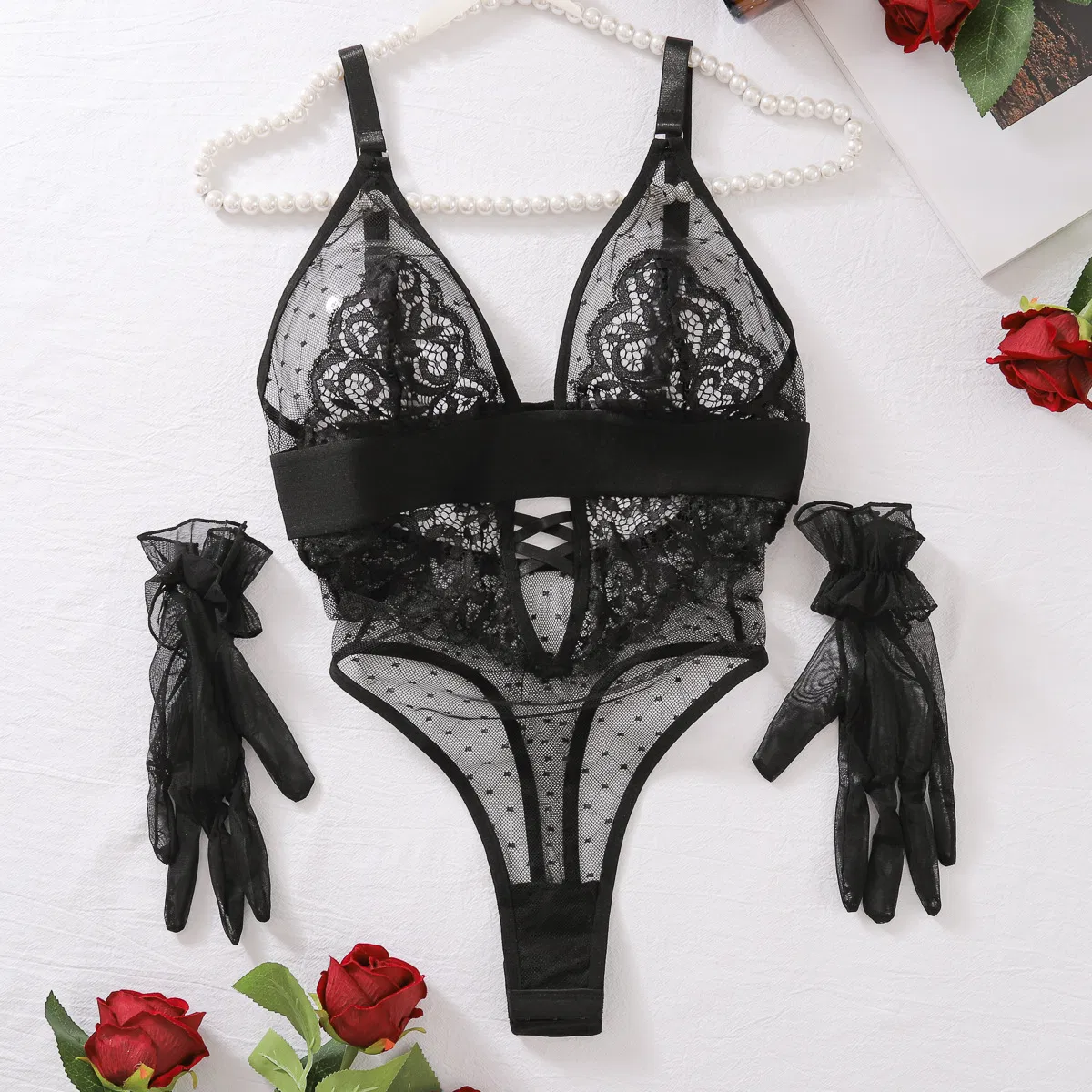 Sexy See Through Embroidered Lace Woman Lingerie Set Hot Deep-V One-Piece Bodysuit