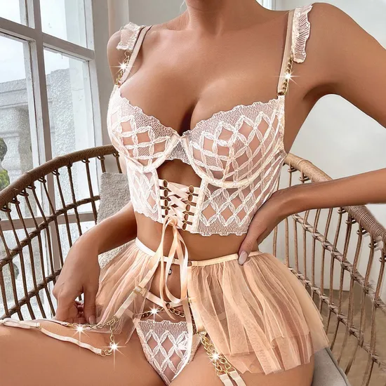 Hot Style Chain Transparent Mesh Woman Bra Panty Set Sexy Embroidered Lace Skirt Lingerie