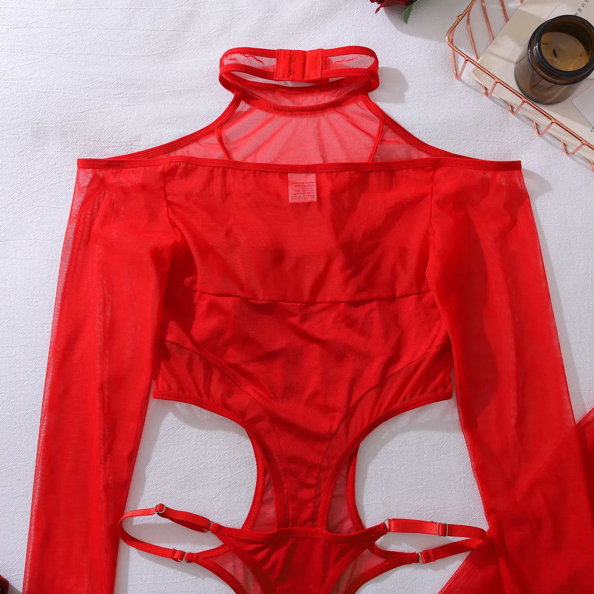 New Hollow out See-Through Woman Bodysuit Sexy Long Sleeve Hanging Neck Lingerie