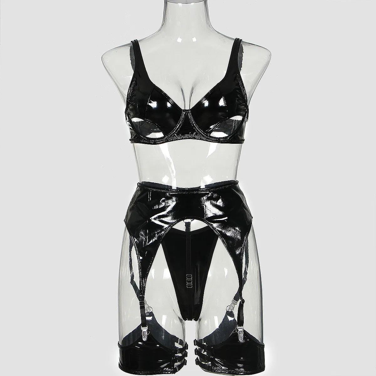 Sexy Exotic Hollow out PU Woman Bra with Belt Waist Hot Selling Solid Color Lingerie