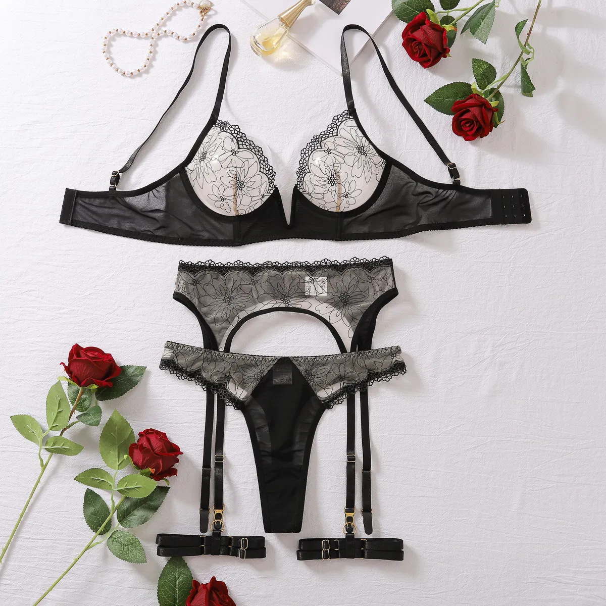 Sexy See-Through Mesh Bra Panty Set New Wholesale Deep V Women Lingerie