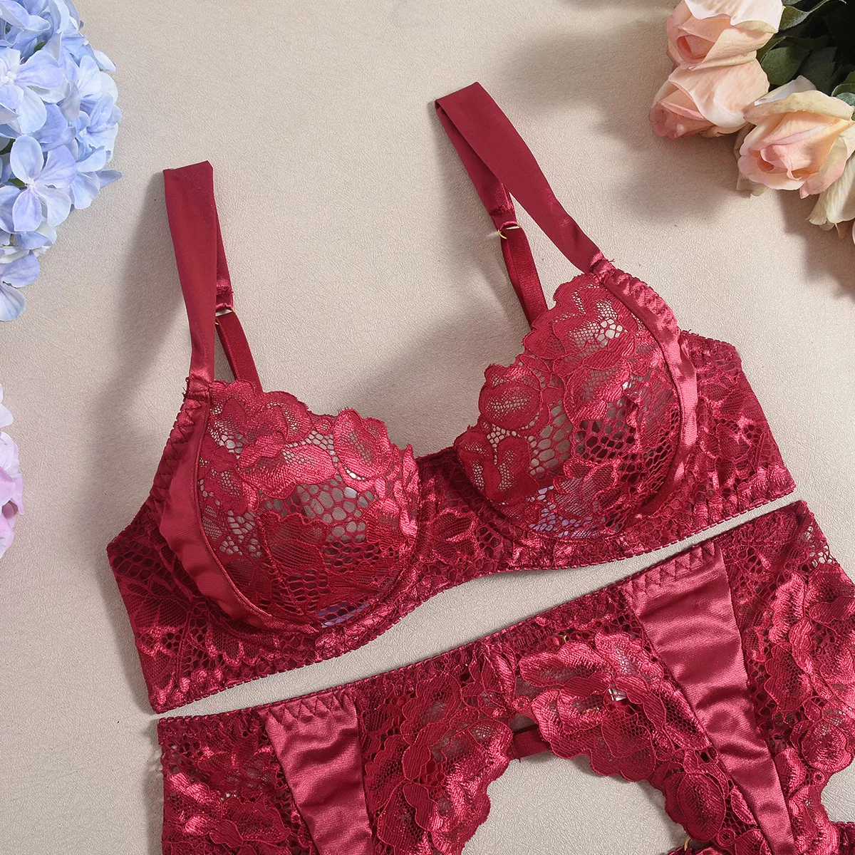 Wholesale Satin See-Through Underwear Set for Woman Sexy Embroidered Lace Lingerie