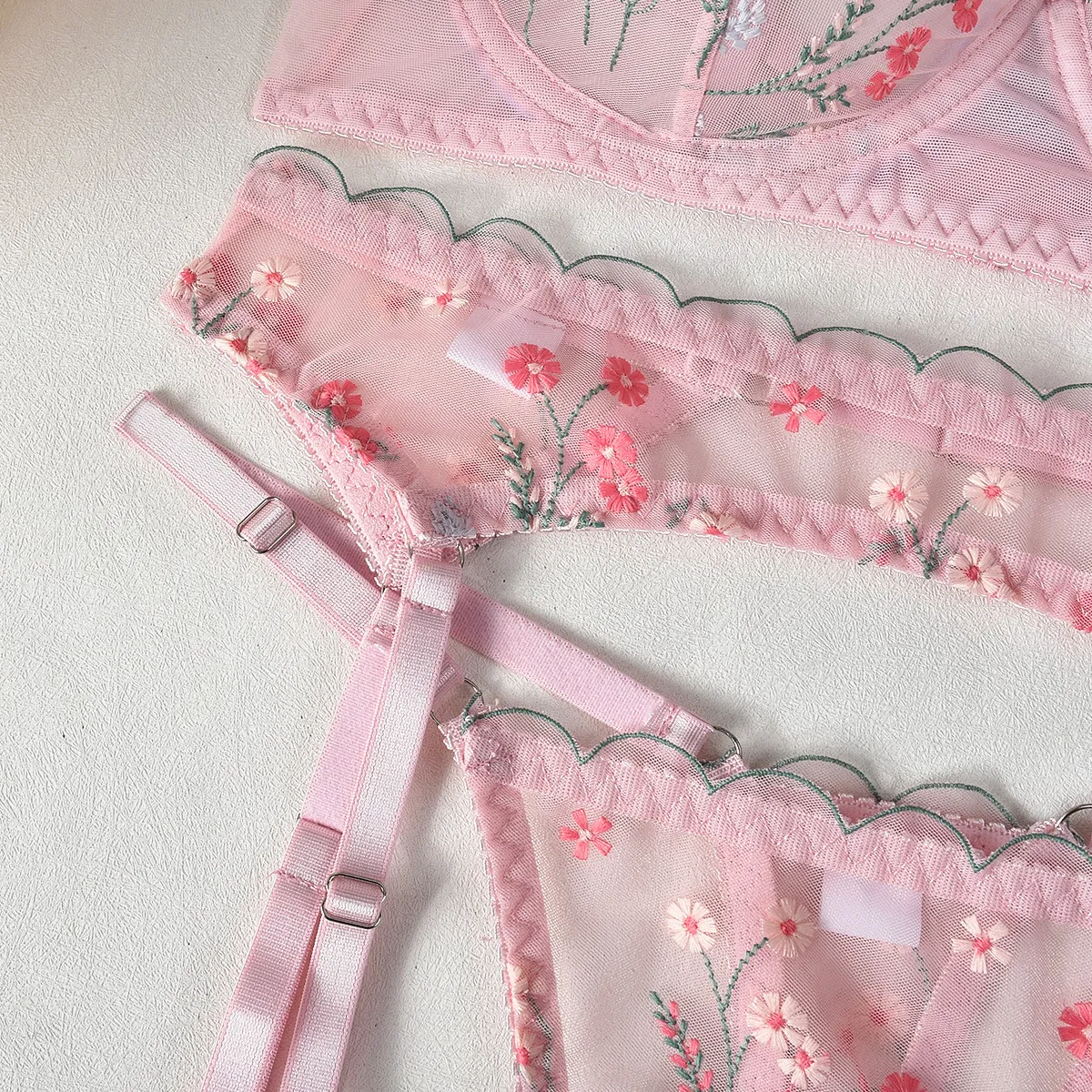 Sexy Floral Embroidery Underwear Set for Woman Wholesale See-Through Mesh Lingerie