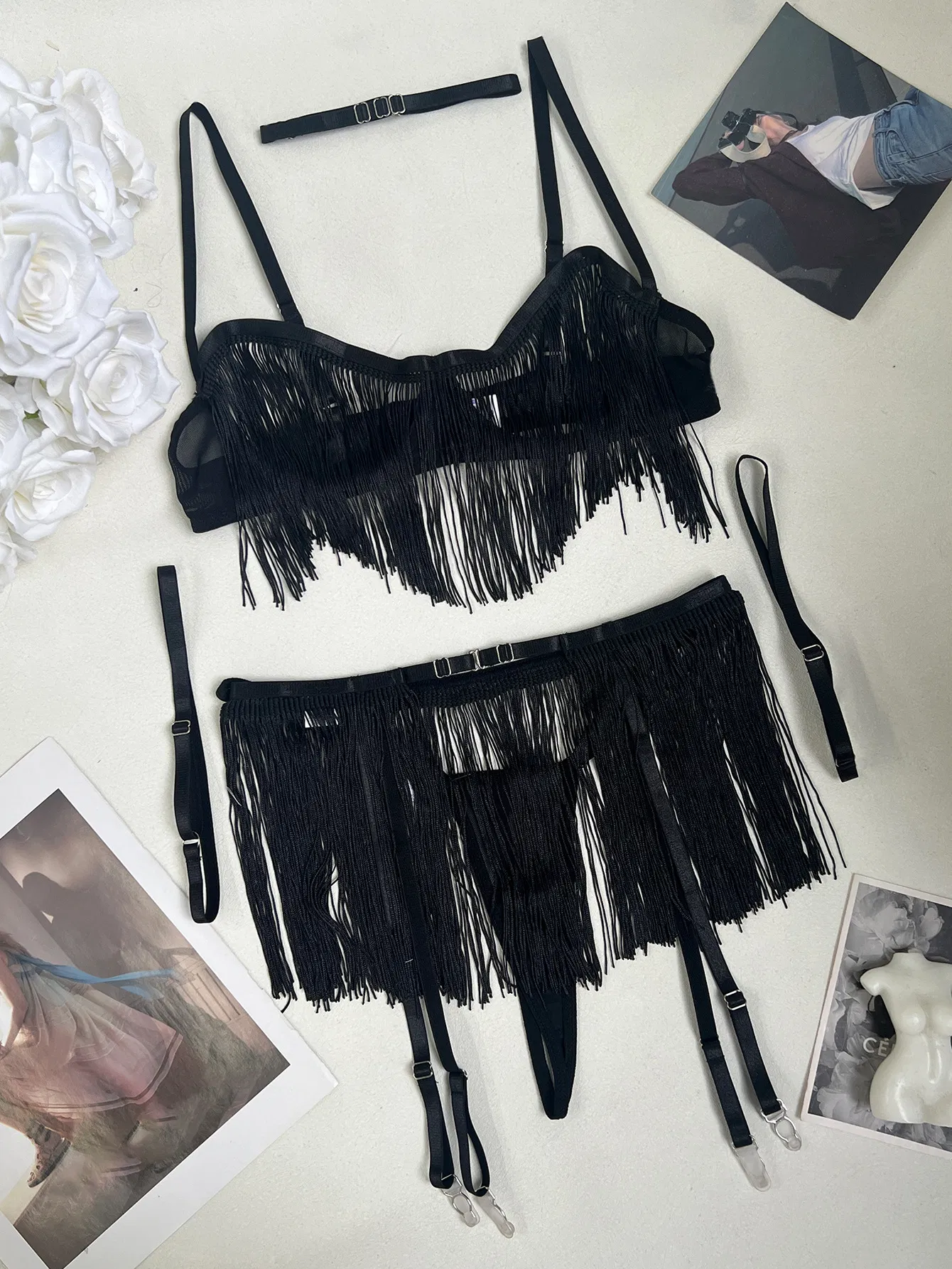 Sexy Transparent Long Tassel Underwear Set for Woman Wholesale Hollow out Lingerie