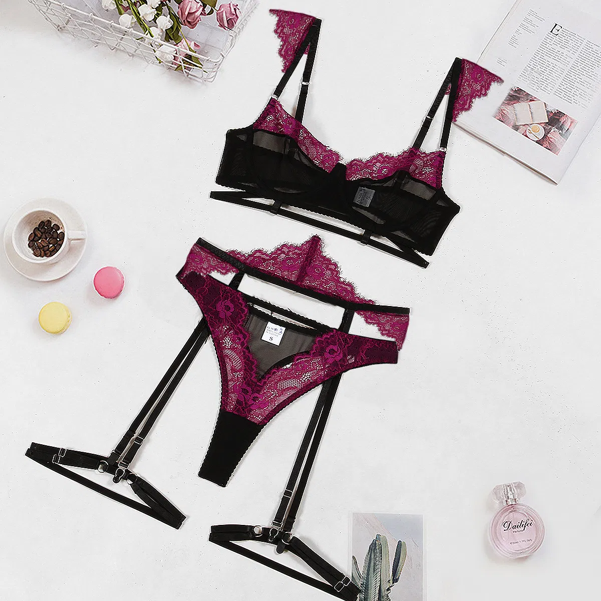Sexy Flower Embroidered Eyelashes Lace Underwear Set Wholesale See Through Lingerie