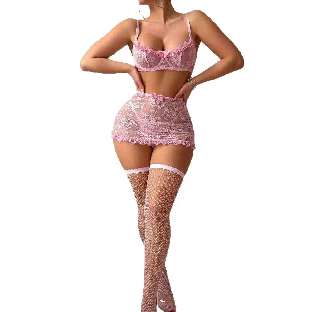 Hot Selling See-Through Mesh Bra Set Sexy Embroidery Lace Woman Lingerie
