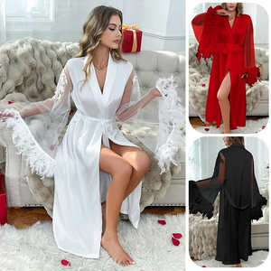 Sexy Satin Loose Long Sleeve Bathrobe Wholesale V-Neck Transparent Mesh Women's Robe