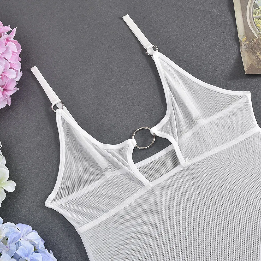Sexy Ultral-Thin Solid Color Lingerie Hot See Through Mesh Hollow Woman Bodysuit