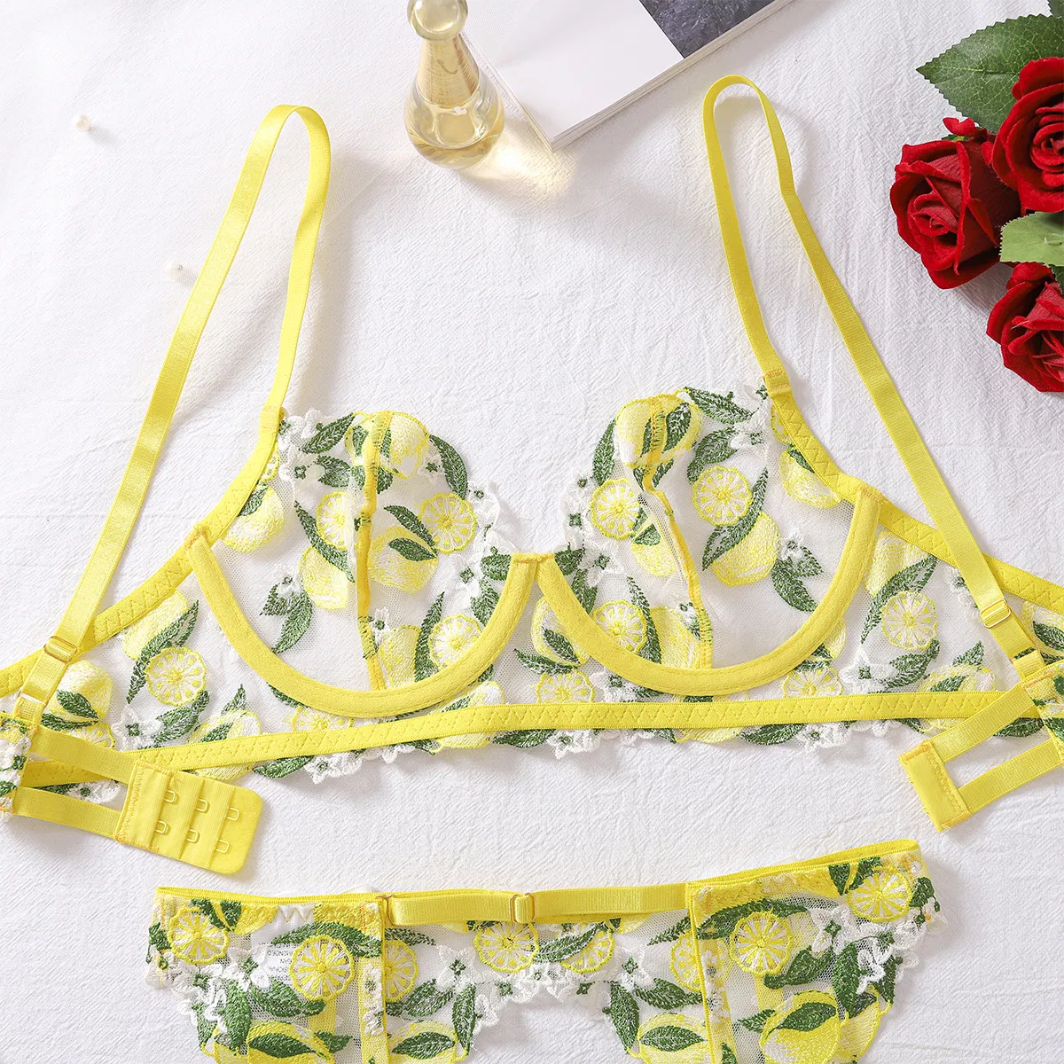 Sexy Lemon Embroidery Woman Bra Panty Set Wholesale Mesh Transparent Lingerie