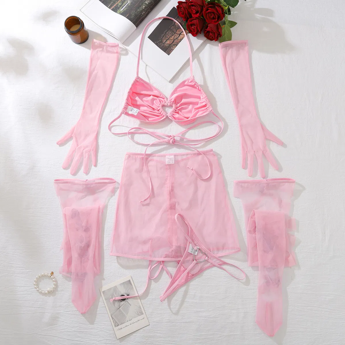 Sexy Transparent Mesh Hanging Neck Underwear Set Wholesale Hollow out Bow Stockings Lingerie