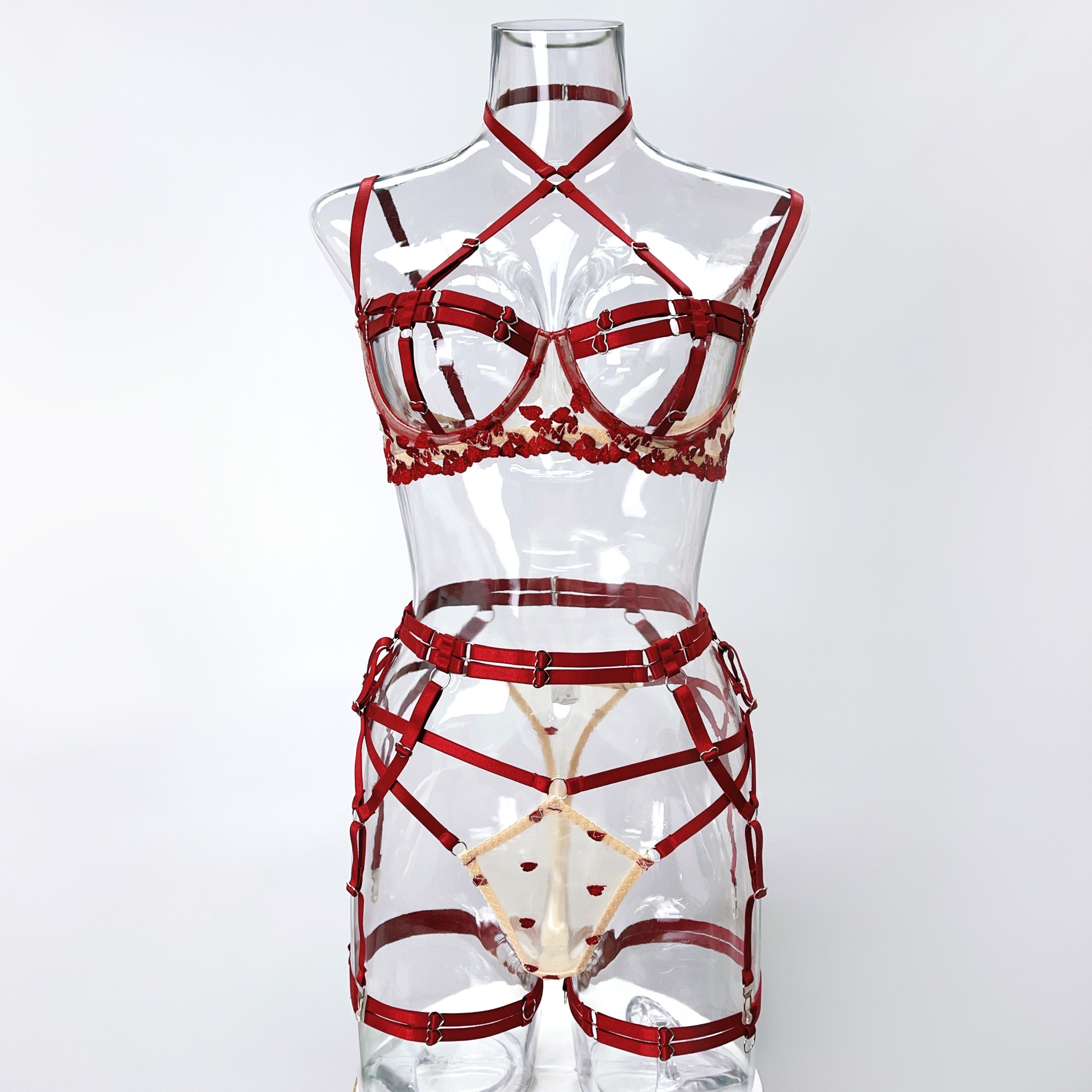 Sexy Red Lace Lingerie Set Women Strappy Bra Garter Underwear